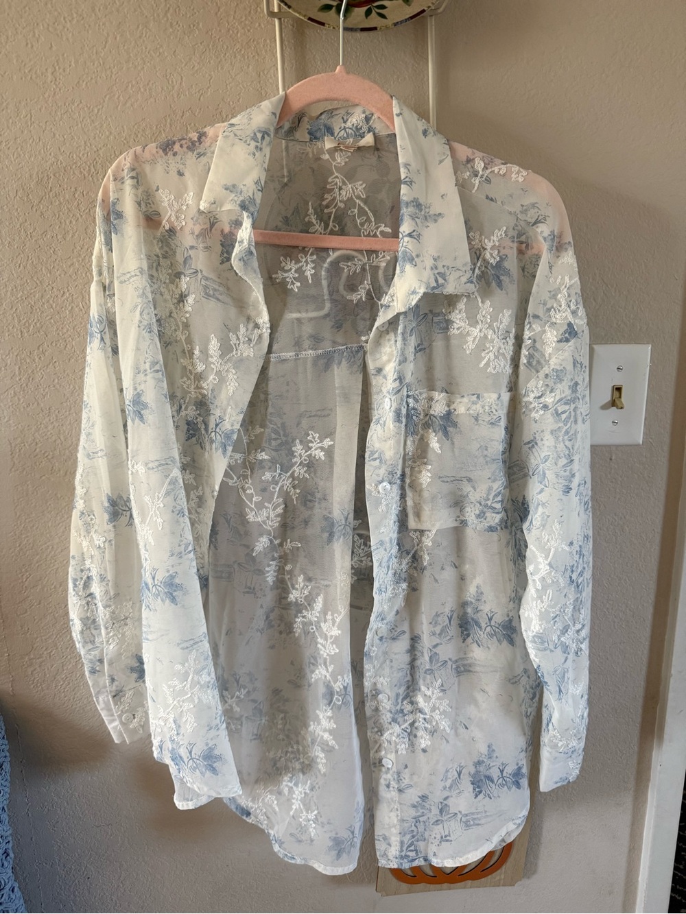 Sheer Floral Button-Up Shirt in Cream and Light Blue